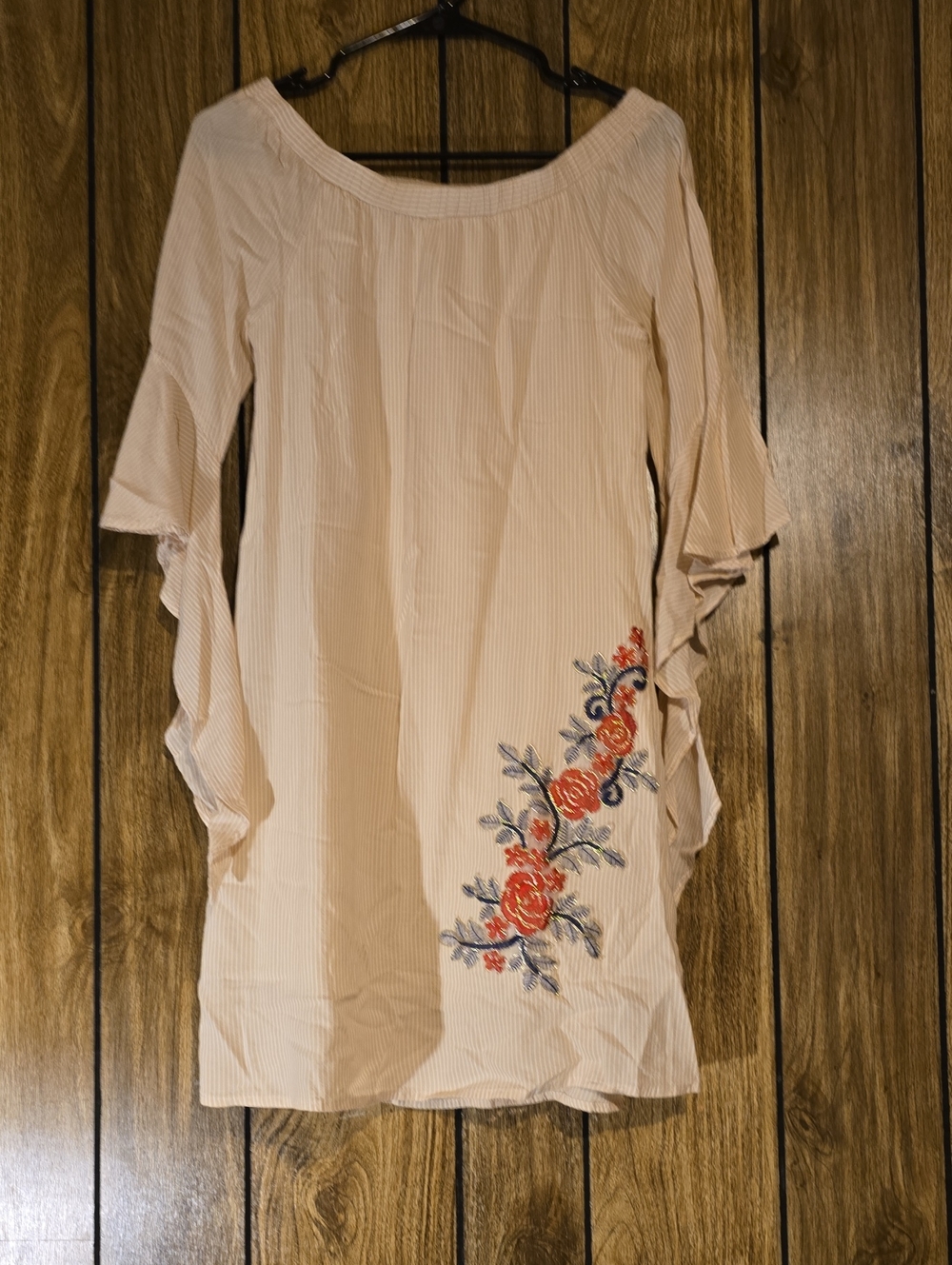 Potter's Pot Cream Off-Shoulder Tunic Dress with Red Floral Embroidery